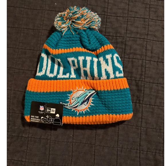 Miami Dolphins New Era NFL Pom Knit Hat Beanie Turquoise Orange Winter OSFA - Picture 1 of 4